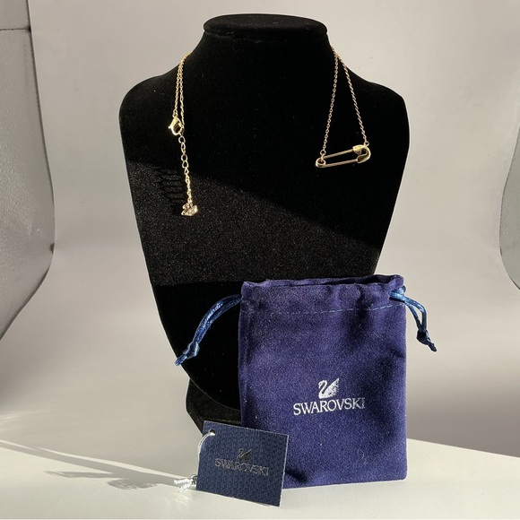 Swarovski Gold Tone Crystal Safety Pin Necklace | With Pouch & Tag - Picture 4 of 4